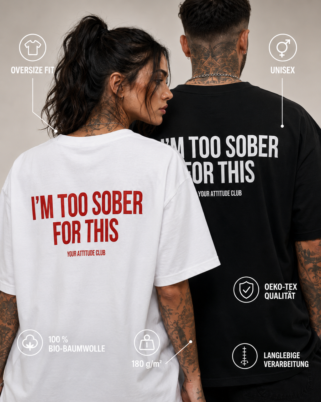 I’M TOO SOBER FOR THIS – schwarzes Oversize Unisex Shirt, weißer Backprint, lustiges Party Shirt, Alkohol Spruchshirt, edgy Statement Streetwear