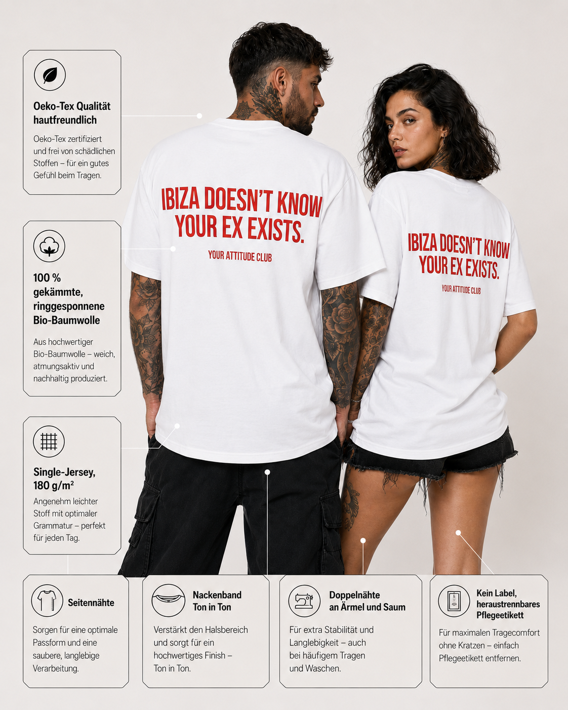 IBIZA DOESN’T KNOW YOUR EX EXISTS – schwarzes Oversize Unisex Shirt, weißer Backprint, Ibiza Party Shirt, Breakup Shirt, freches Ex Statement Shirt