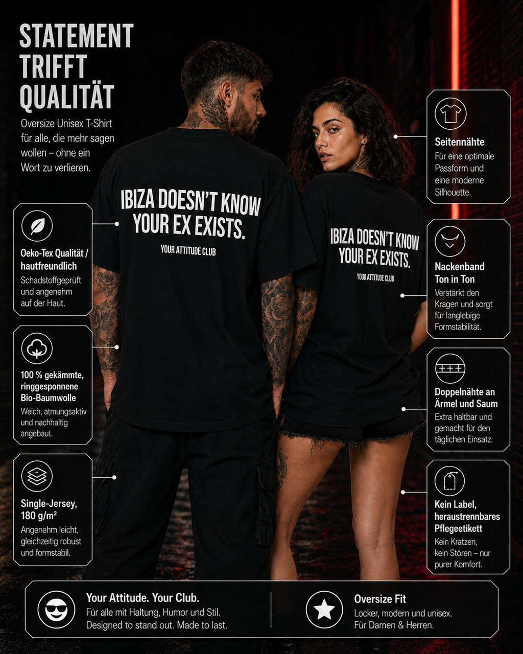 IBIZA DOESN’T KNOW YOUR EX EXISTS – weißes Oversize Unisex Shirt, roter Backprint, Ibiza Shirt, Breakup Shirt, Party Shirt, lustiges Statement Shirt
