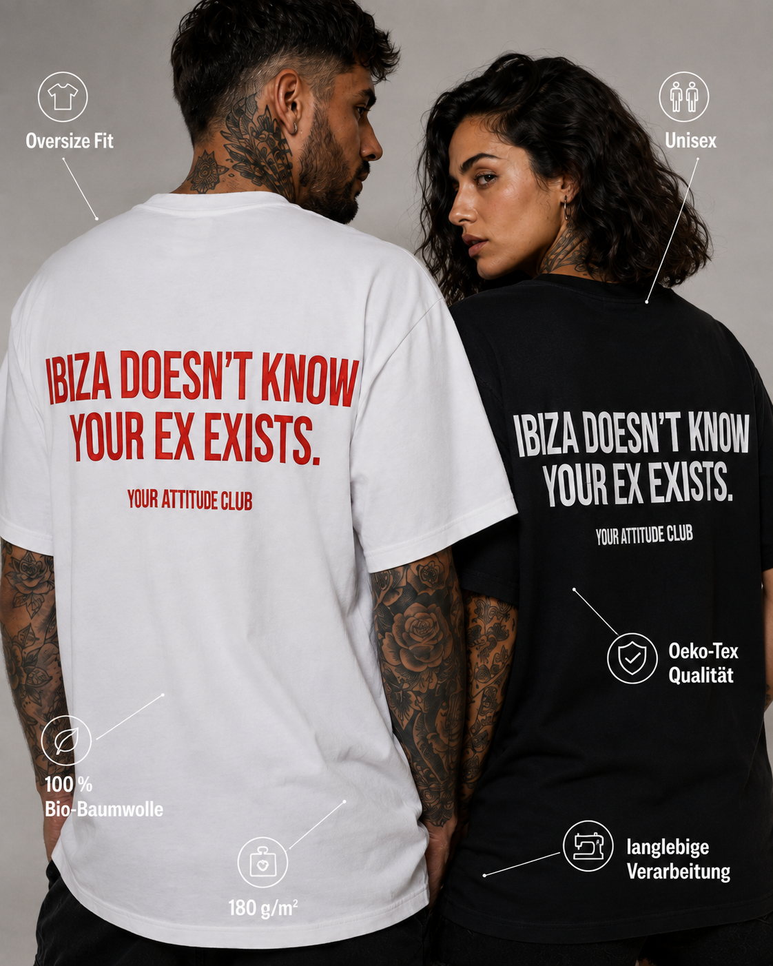 IBIZA DOESN’T KNOW YOUR EX EXISTS – schwarzes Oversize Unisex Shirt, weißer Backprint, Ibiza Party Shirt, Breakup Shirt, freches Ex Statement Shirt