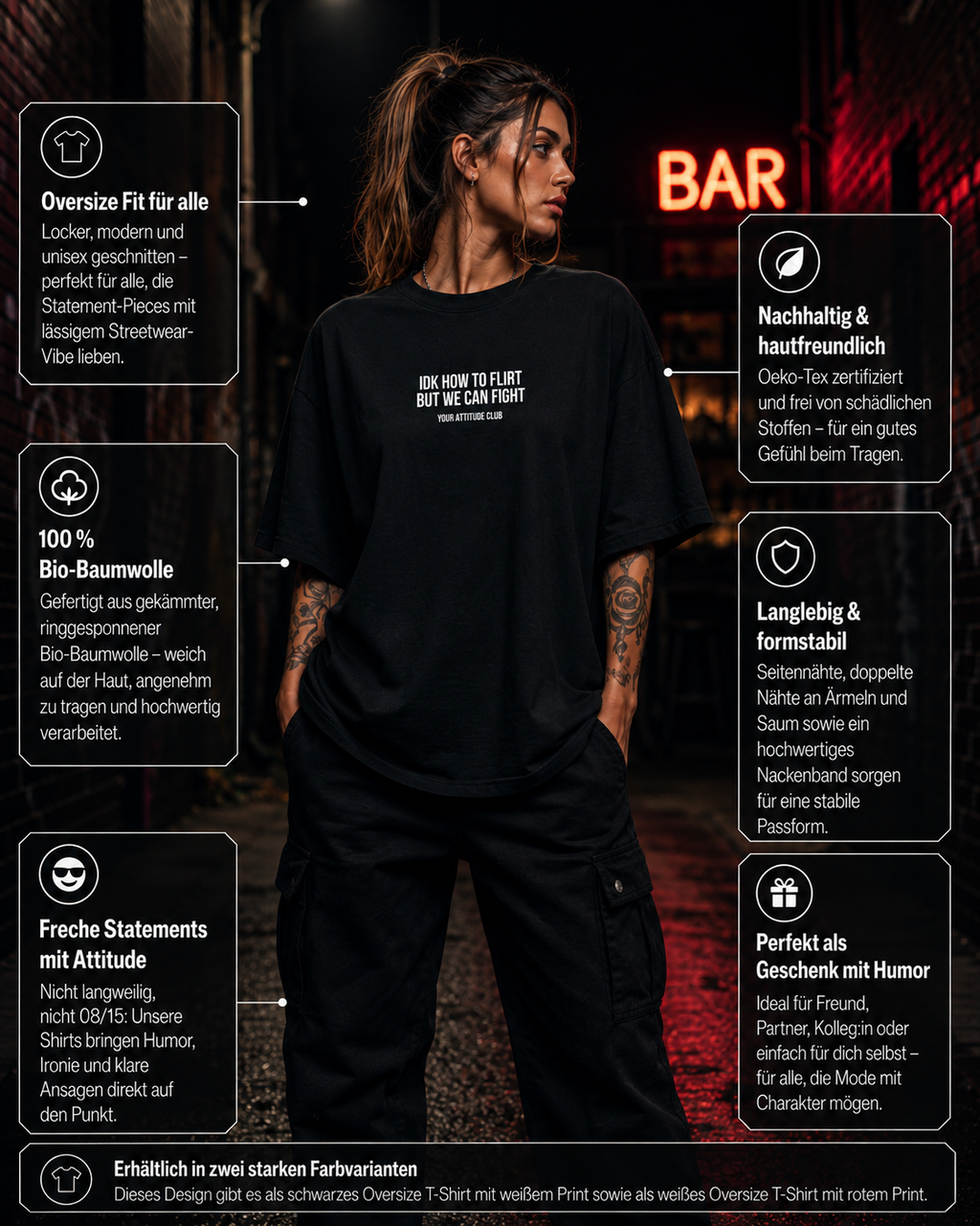 IDK HOW TO FLIRT BUT WE CAN FIGHT | Oversize Shirt Unisex mit Frontprint, Statement Shirt aus Bio-Baumwolle