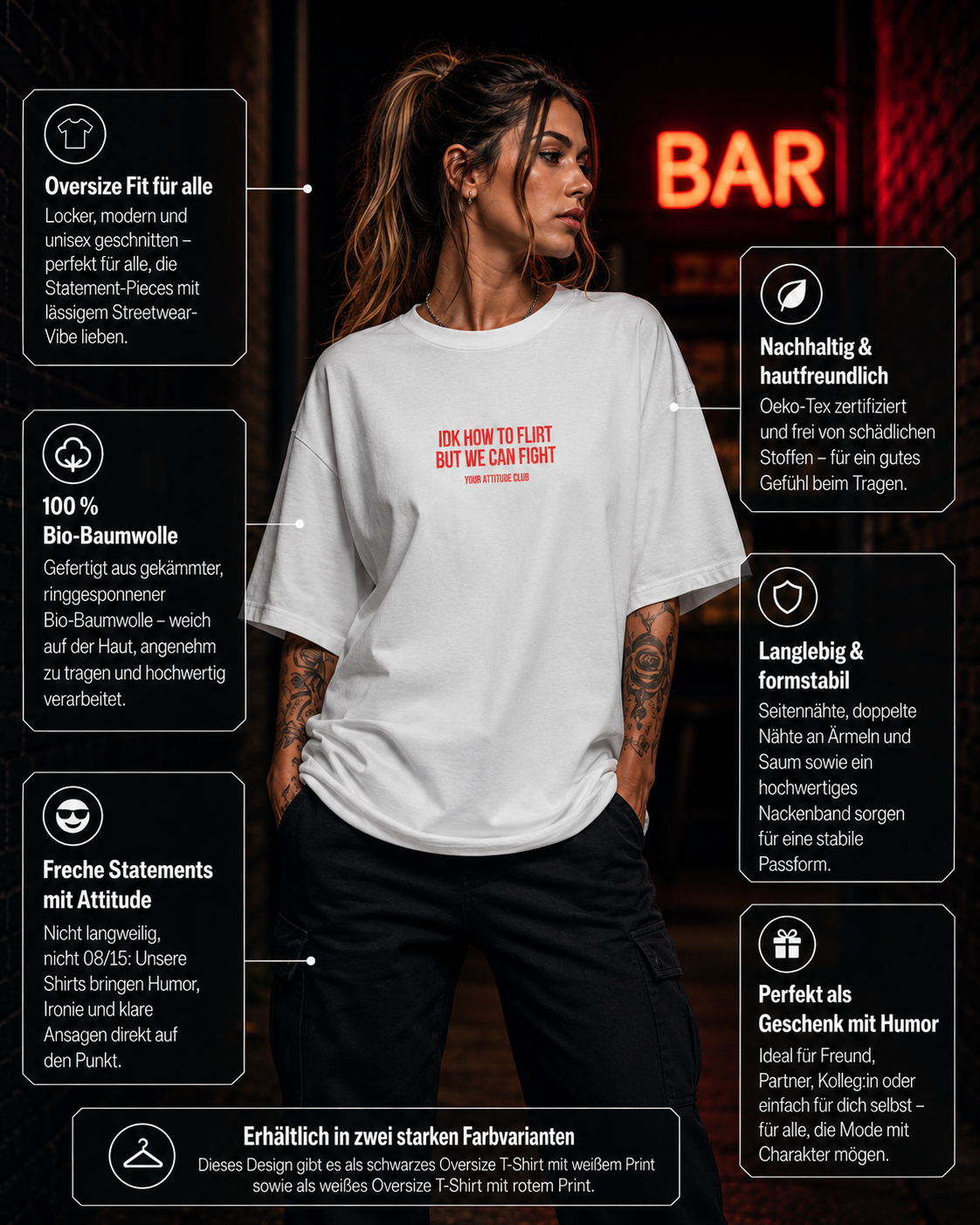 IDK HOW TO FLIRT BUT WE CAN FIGHT | Oversize Shirt Unisex mit Frontprint, Statement Shirt aus Bio-Baumwolle