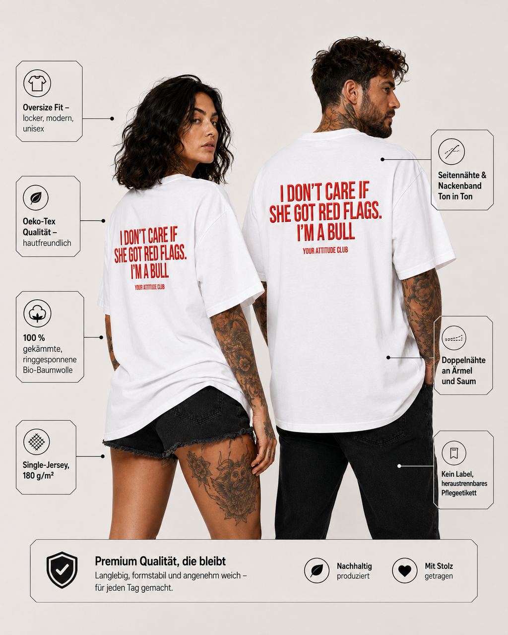 I DON'T CARE IF SHE GOT RED FLAGS. I'M A BULL – weißes Unisex Oversize Shirt mit rotem Backprint, freches Statement T-Shirt, Dating Humor, Geschenk