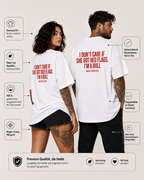 I DON'T CARE IF SHE GOT RED FLAGS. I'M A BULL – schwarzes Unisex Oversize Shirt mit weißem Backprint, freches Statement T-Shirt, Dating Humor, Geschenk