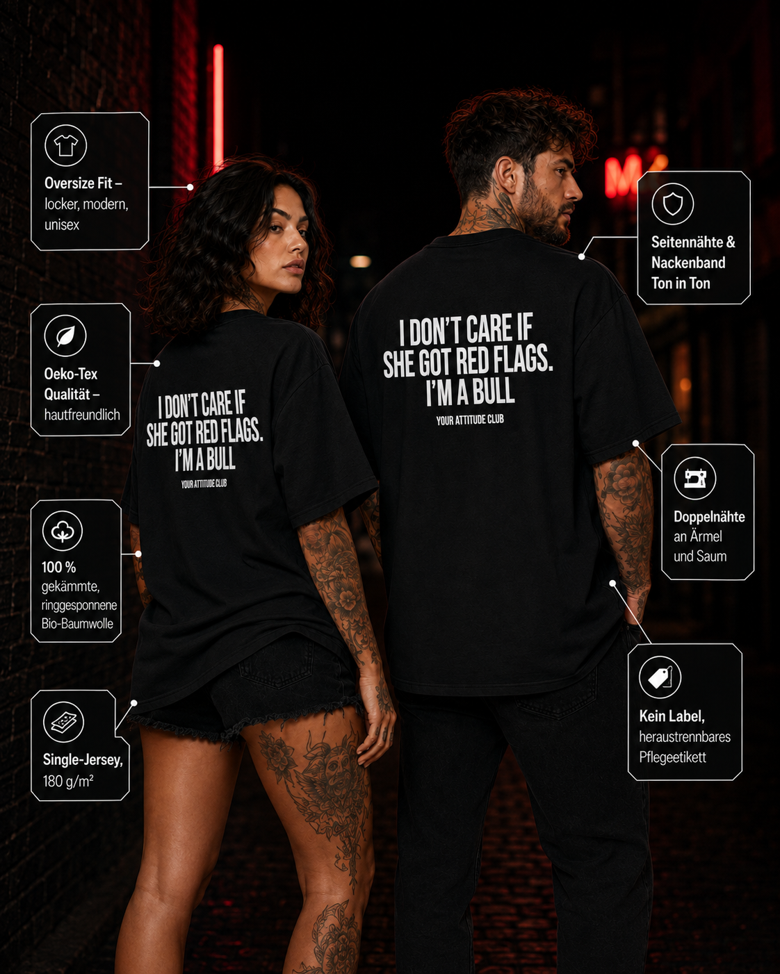 I DON'T CARE IF SHE GOT RED FLAGS. I'M A BULL – weißes Unisex Oversize Shirt mit rotem Backprint, freches Statement T-Shirt, Dating Humor, Geschenk