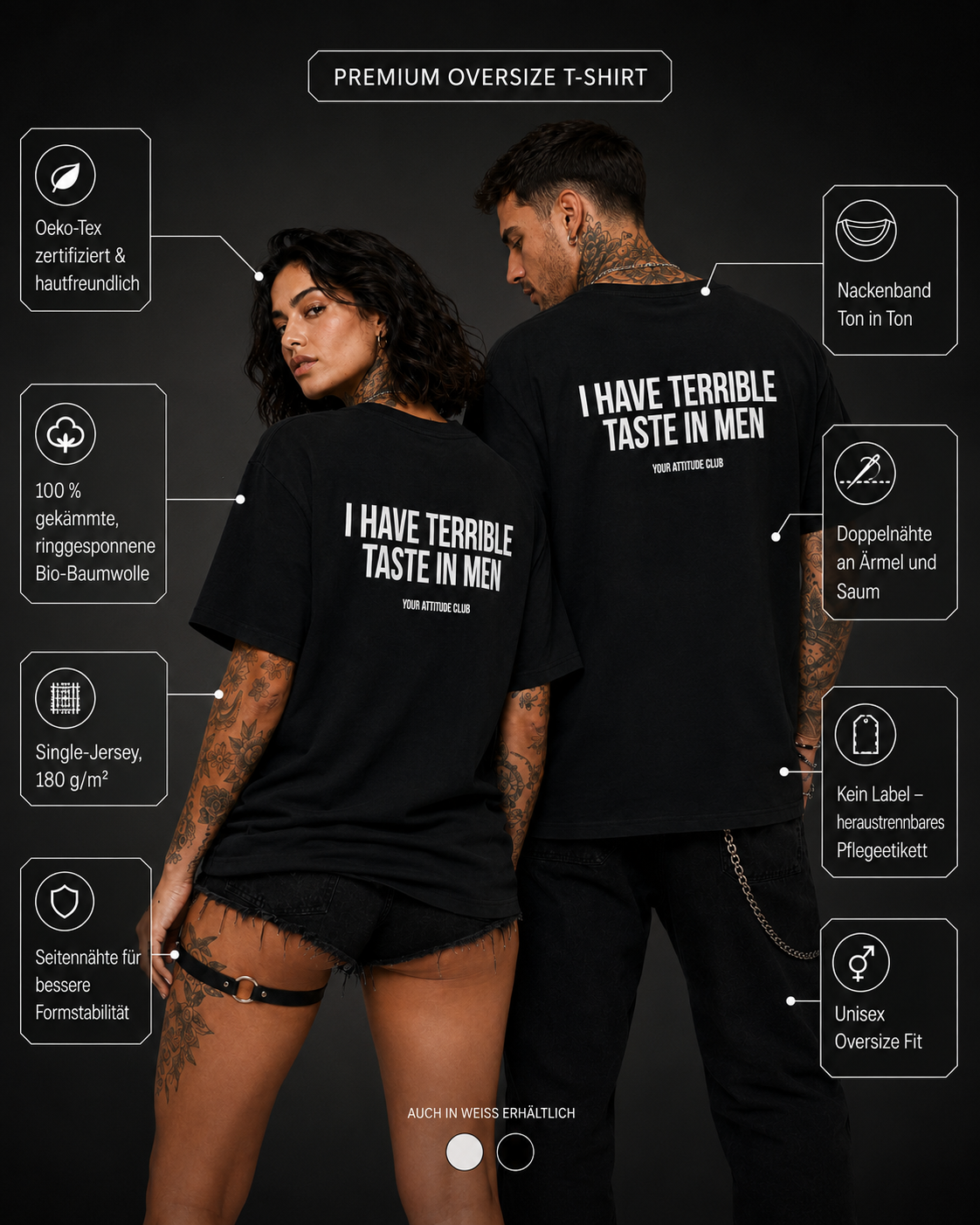 I HAVE TERRIBLE TASTE IN MEN – schwarzes Unisex Oversize Shirt mit weißem Backprint, lustiges Statement T-Shirt, Dating Humor, frecher Spruch, Geschenk