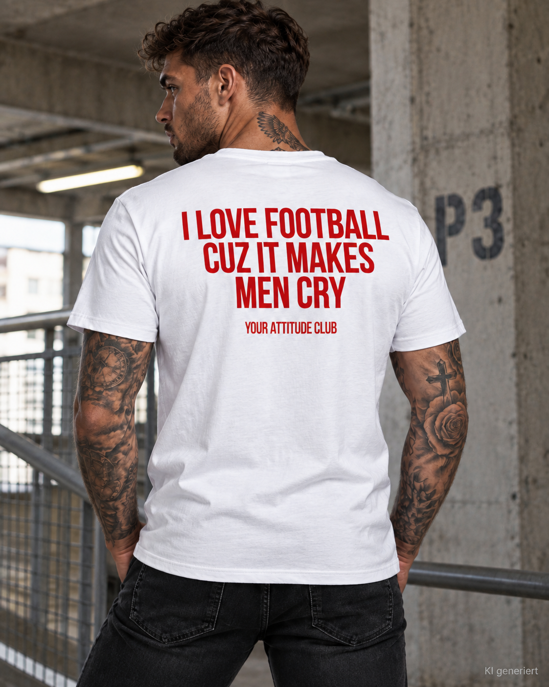 I LOVE FOOTBALL CUZ IT MAKES MEN CRY – Unisex Statement T-Shirt Weiß mit rotem Backprint | lustiges Fußball Sprüche Shirt