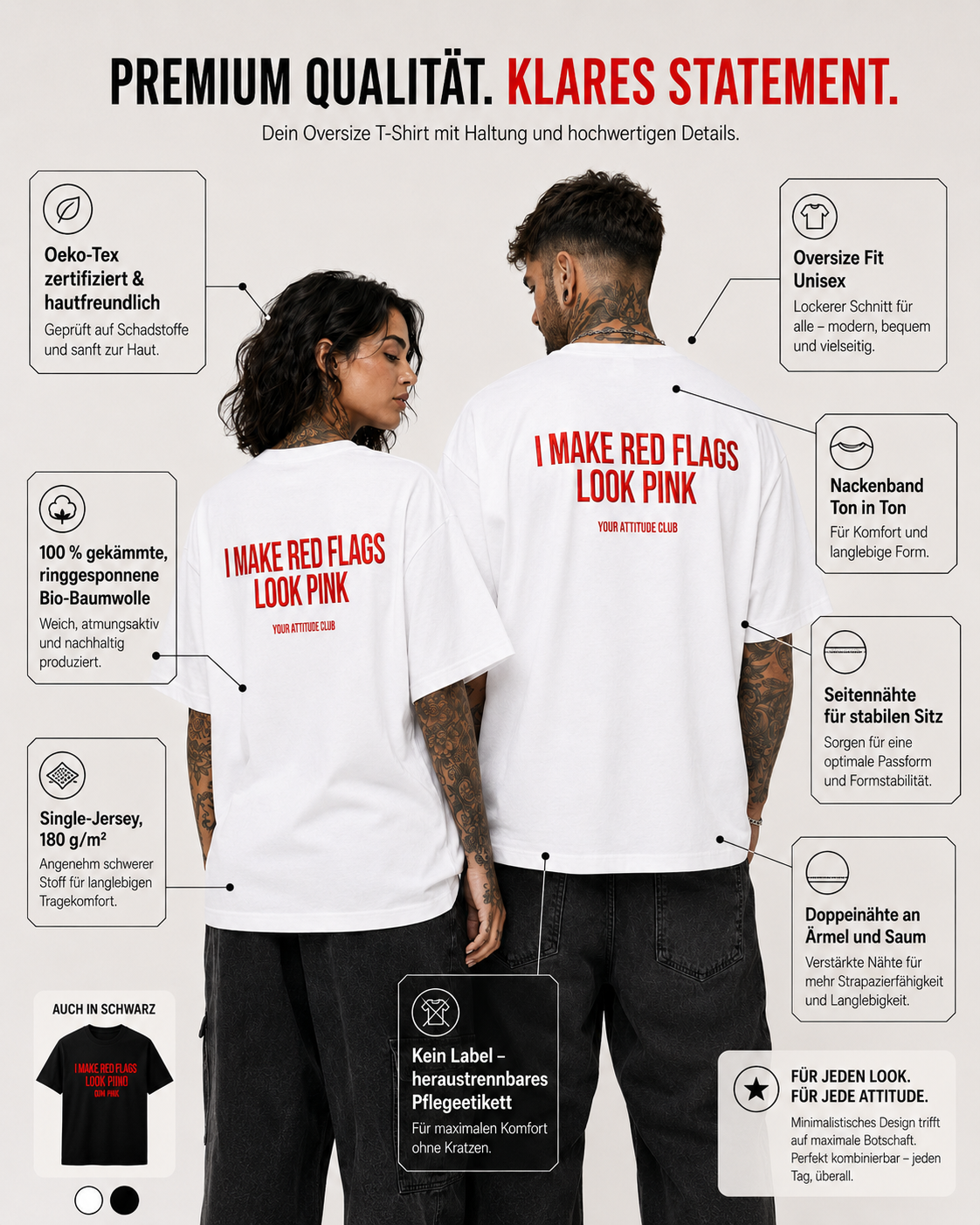 I MAKE RED FLAGS LOOK PINK – schwarzes Unisex Oversize Shirt mit weißem Backprint, lustiges Statement T-Shirt, Dating Humor, frecher Spruch, Geschenk