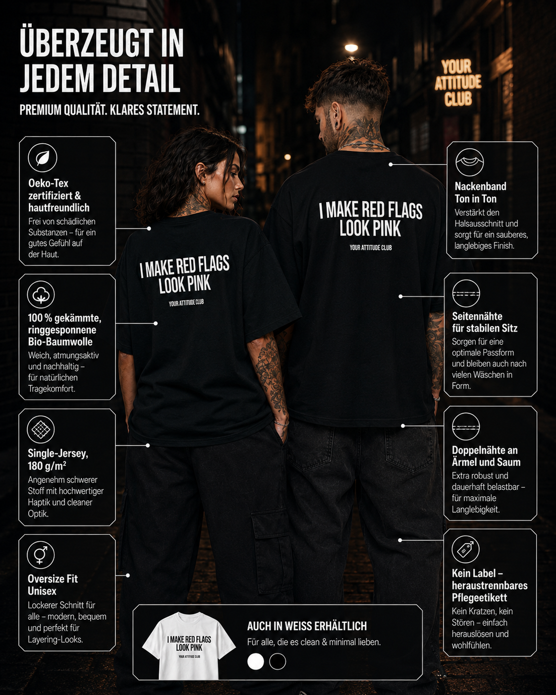 I MAKE RED FLAGS LOOK PINK – weißes Unisex Oversize Shirt mit rotem Backprint, lustiges Statement T-Shirt, Dating Humor, frecher Spruch, Geschenk