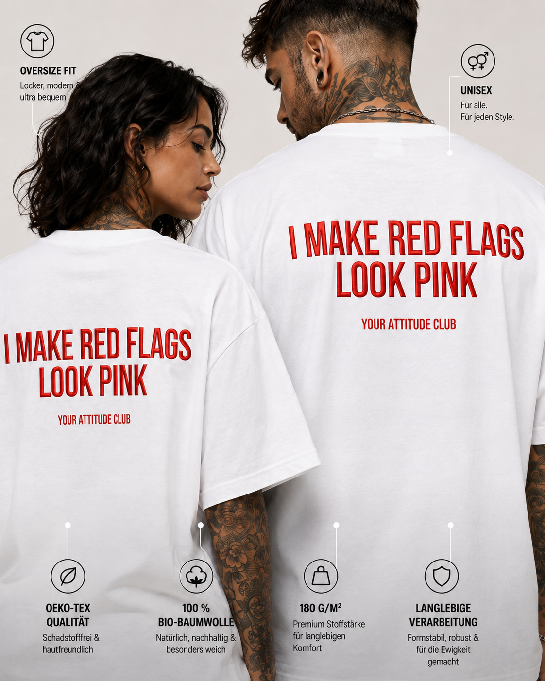 I MAKE RED FLAGS LOOK PINK – weißes Unisex Oversize Shirt mit rotem Backprint, lustiges Statement T-Shirt, Dating Humor, frecher Spruch, Geschenk