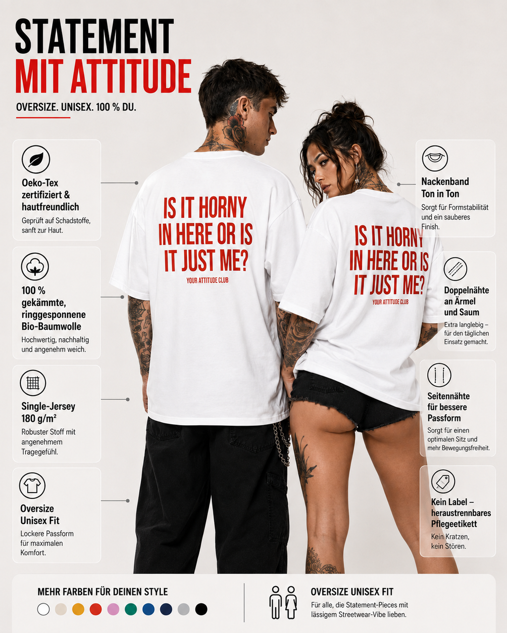 IS IT HORNY IN HERE OR IS IT JUST ME? – weißes Oversize Unisex Shirt, roter Backprint, freches Statement Shirt, sexy Spruchshirt, lustiges Geschenk