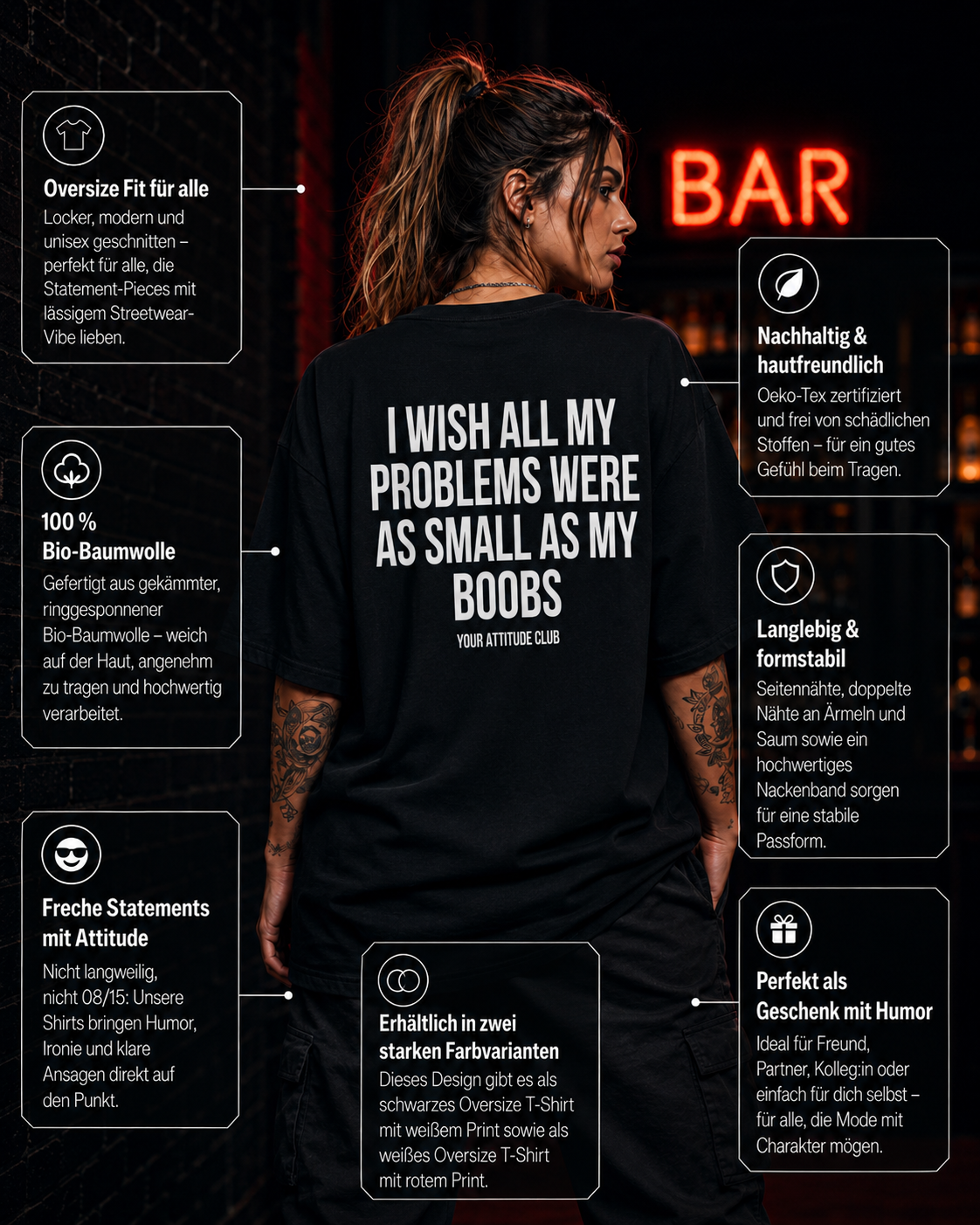 I WISH ALL MY PROBLEMS WERE AS SMALL AS MY BOOBS | Oversize Shirt Unisex mit Backprint, Statement Shirt aus Bio-Baumwolle
