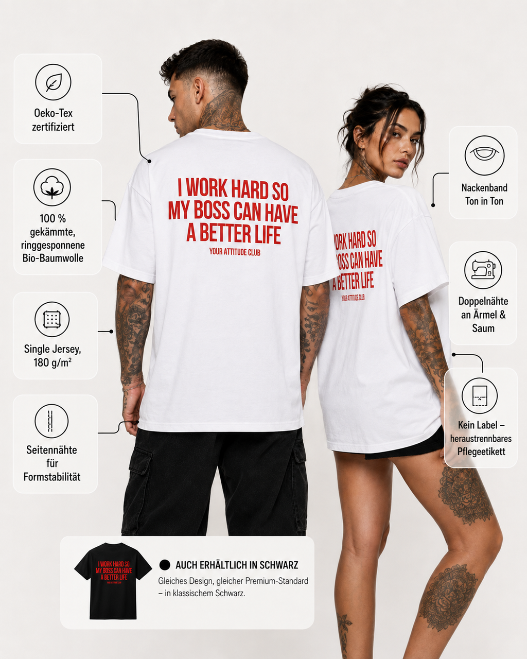 I WORK HARD SO MY BOSS CAN HAVE A BETTER LIFE – schwarzes Unisex Oversize Shirt mit weißem Backprint, lustiges Büro Shirt, Chef Spruch, Arbeits Humor