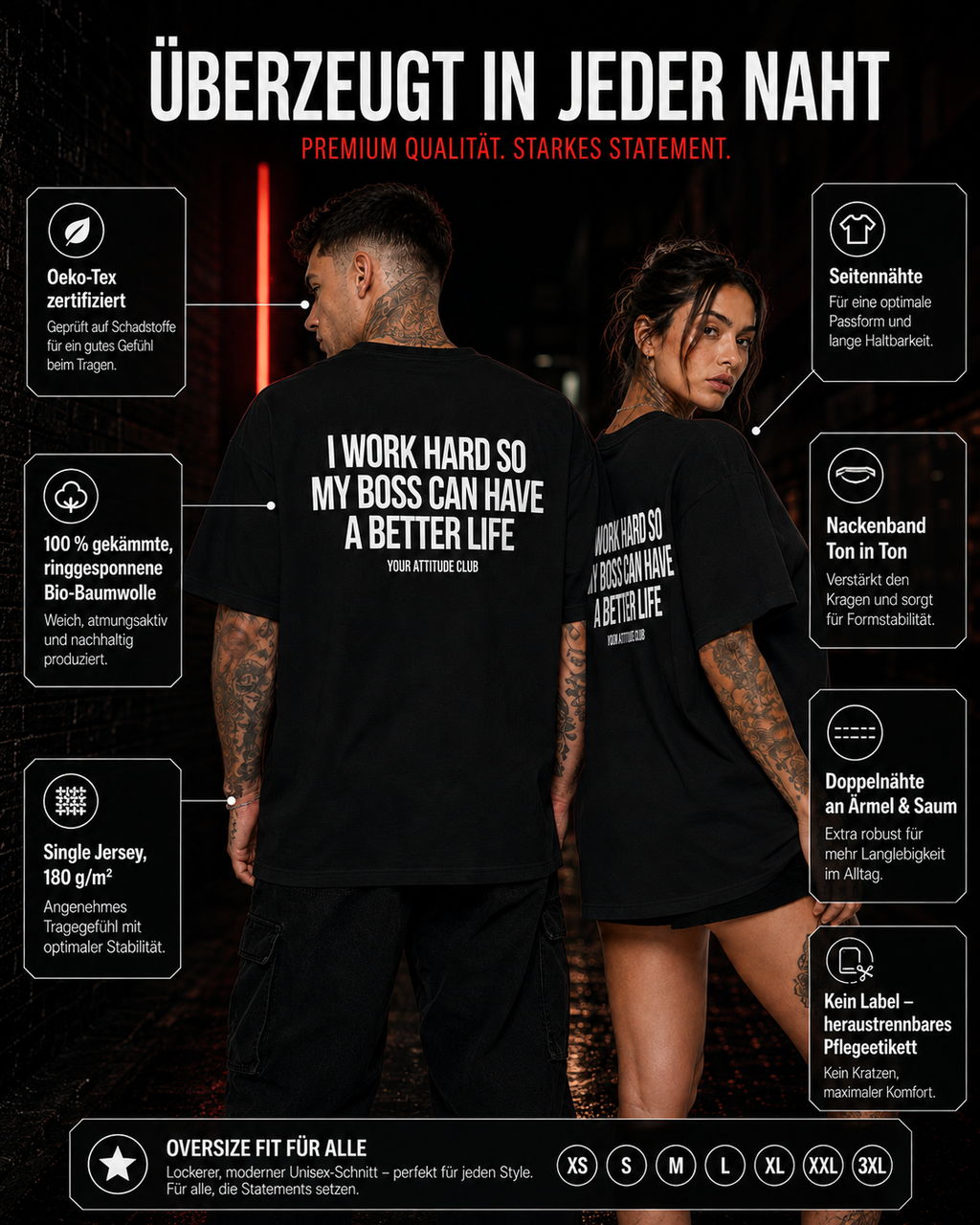 I WORK HARD SO MY BOSS CAN HAVE A BETTER LIFE – schwarzes Unisex Oversize Shirt mit weißem Backprint, lustiges Büro Shirt, Chef Spruch, Arbeits Humor