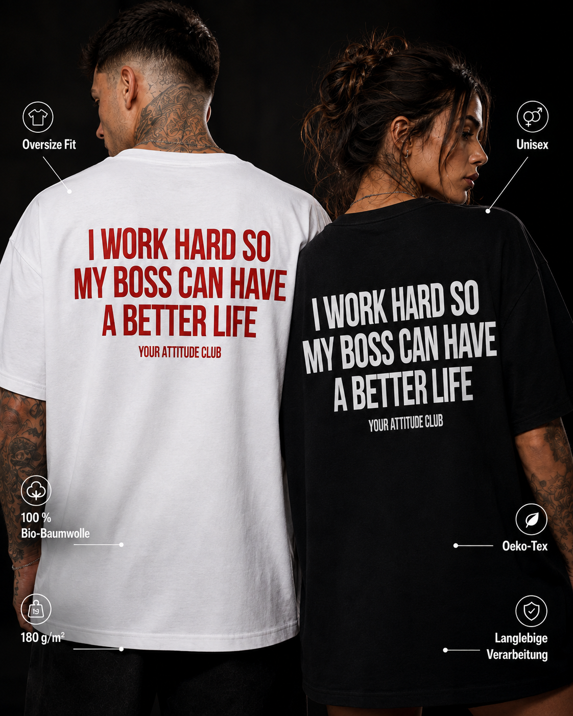 I WORK HARD SO MY BOSS CAN HAVE A BETTER LIFE – weißes Unisex Oversize Shirt mit rotem Backprint, lustiges Büro Shirt, Chef Spruch, Arbeits Humor