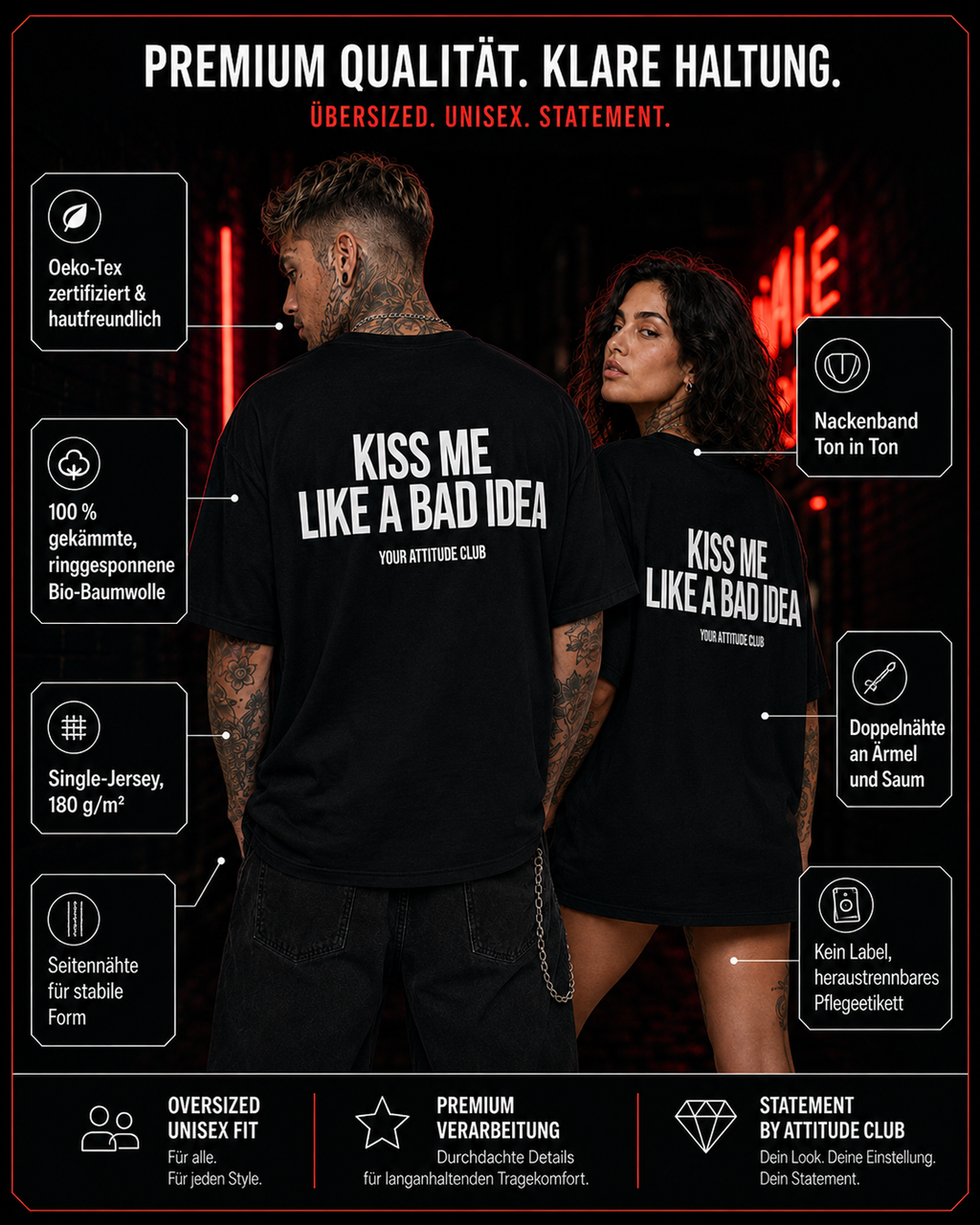 KISS ME LIKE A BAD IDEA – weißes Oversize Unisex Shirt, roter Backprint, freches Statement Shirt, sexy Spruchshirt, lustiges Geschenk, Streetwear