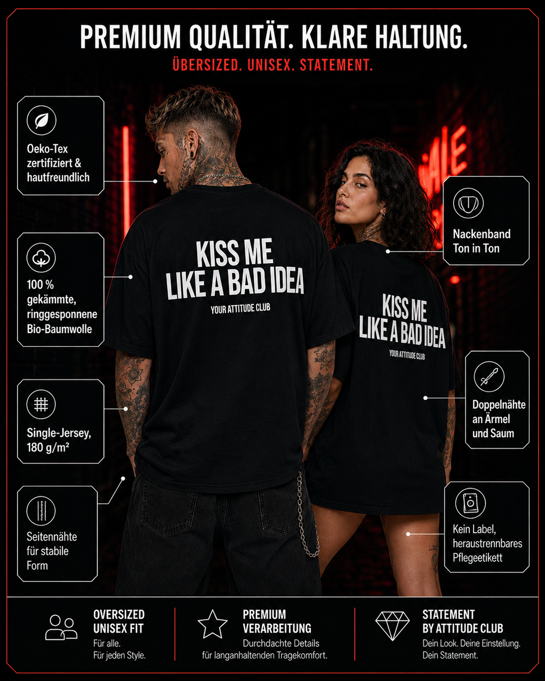 KISS ME LIKE A BAD IDEA – weißes Oversize Unisex Shirt, roter Backprint, freches Statement Shirt, sexy Spruchshirt, lustiges Geschenk, Streetwear