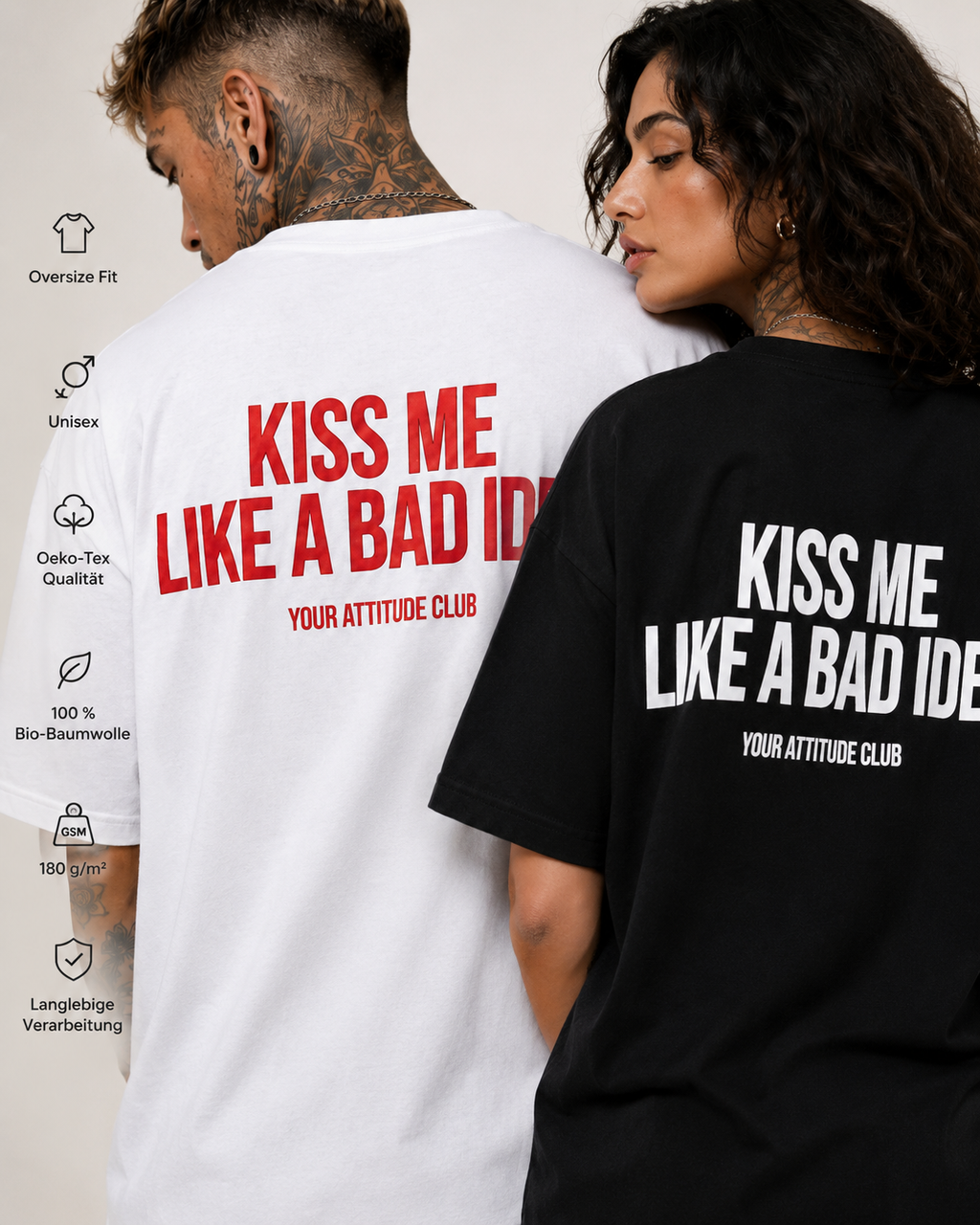 KISS ME LIKE A BAD IDEA – schwarzes Oversize Unisex Shirt, weißer Backprint, freches Statement Shirt, sexy Spruchshirt, lustiges Geschenk, Streetwear