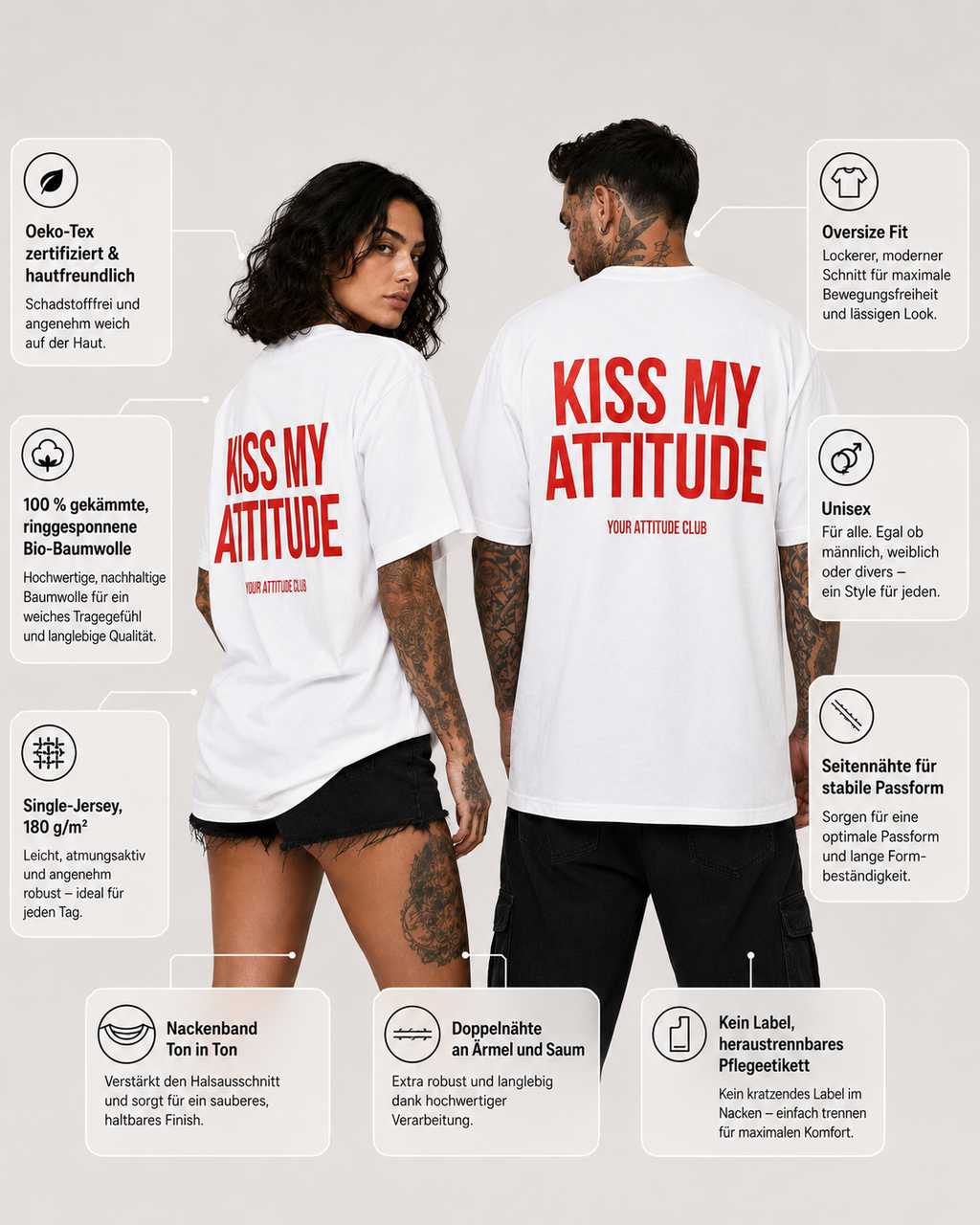 KISS MY ATTITUDE – schwarzes Oversize Unisex Shirt, weißer Backprint, freches Statement Shirt, lustiges Spruchshirt, Streetwear, Geschenk mit Attitude
