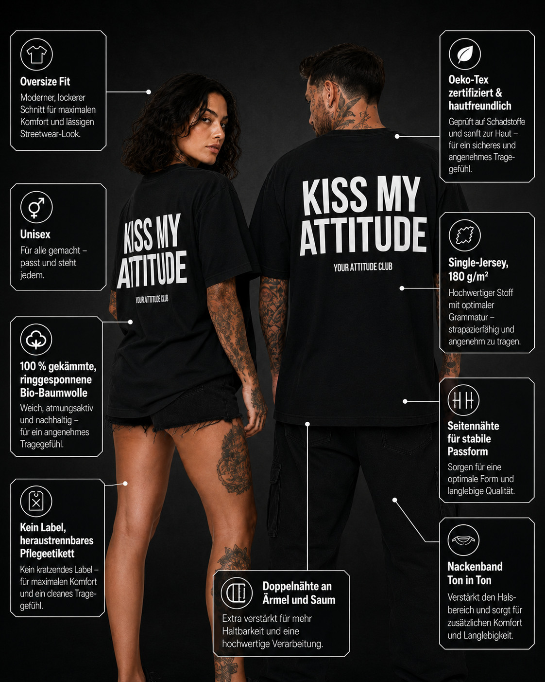 KISS MY ATTITUDE – weißes Oversize Unisex Shirt, roter Backprint, freches Statement Shirt, lustiges Spruchshirt, Streetwear, Geschenk mit Humor