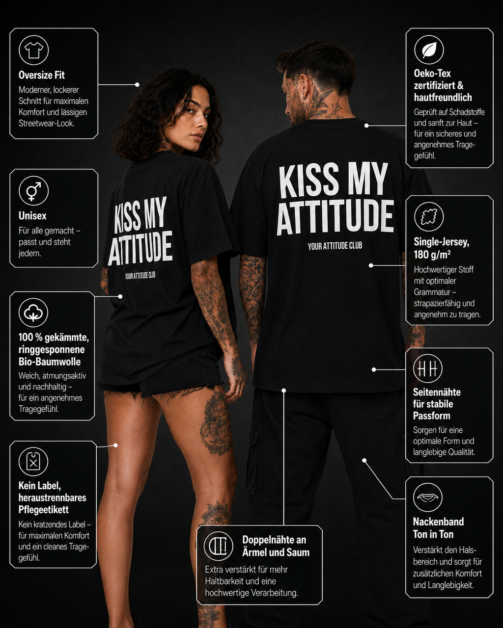 KISS MY ATTITUDE – schwarzes Oversize Unisex Shirt, weißer Backprint, freches Statement Shirt, lustiges Spruchshirt, Streetwear, Geschenk mit Attitude