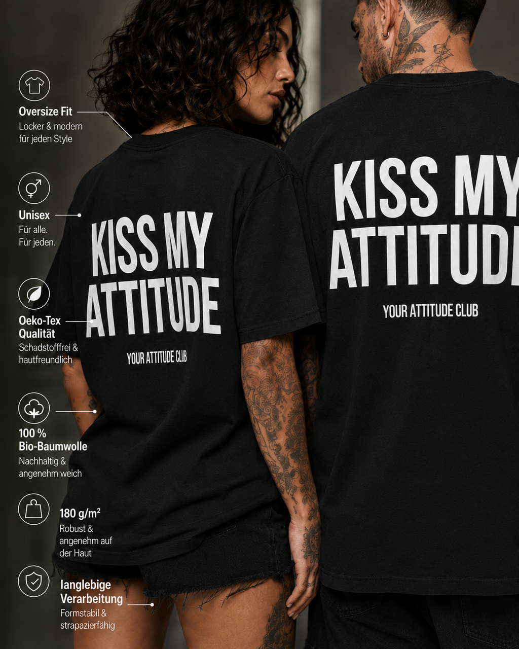 KISS MY ATTITUDE – schwarzes Oversize Unisex Shirt, weißer Backprint, freches Statement Shirt, lustiges Spruchshirt, Streetwear, Geschenk mit Attitude