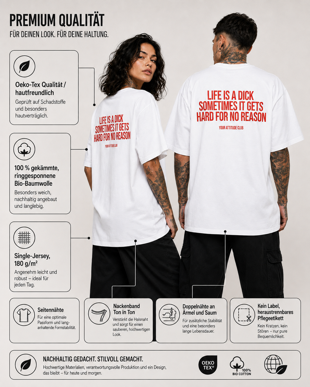 LIFE IS A DICK SOMETIMES IT GETS HARD FOR NO REASON – schwarzes Oversize Unisex Shirt, weißer Backprint, lustiges Spruchshirt, schwarzer Humor