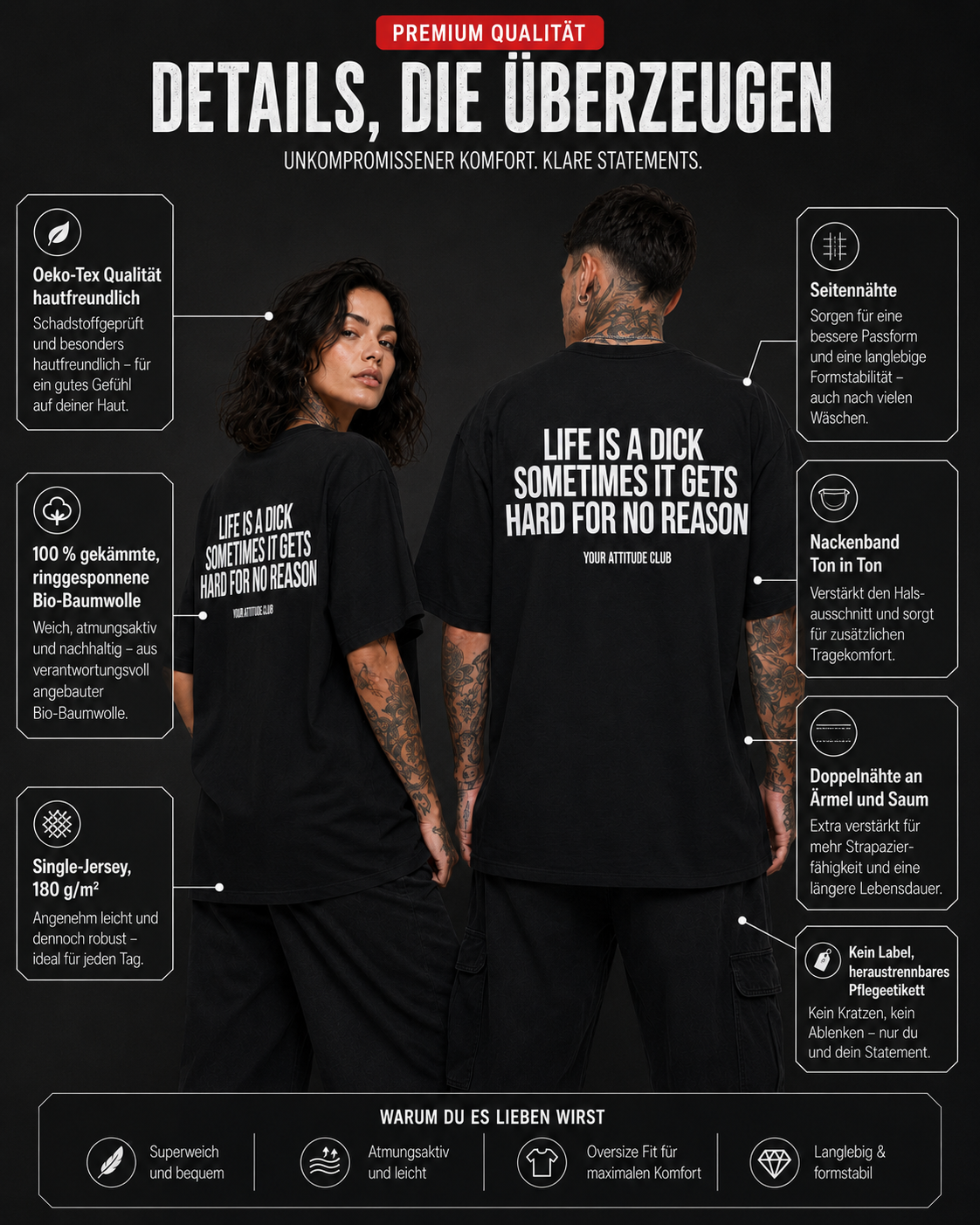 LIFE IS A DICK SOMETIMES IT GETS HARD FOR NO REASON – schwarzes Oversize Unisex Shirt, weißer Backprint, lustiges Spruchshirt, schwarzer Humor