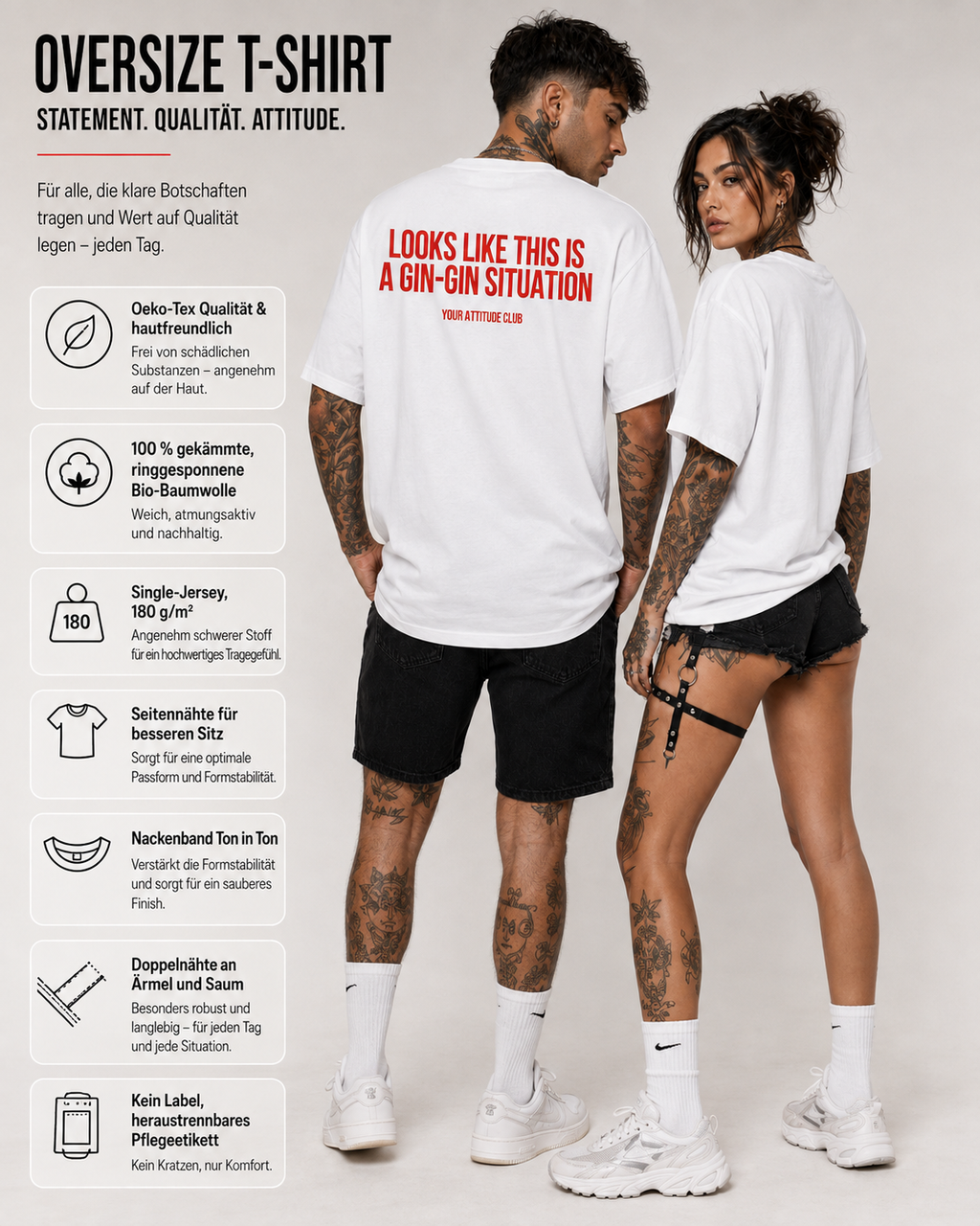 LOOKS LIKE THIS IS A GIN-GIN SITUATION – schwarzes Oversize Unisex Shirt, weißer Backprint, Gin Shirt, lustiges Spruchshirt, Party Geschenk