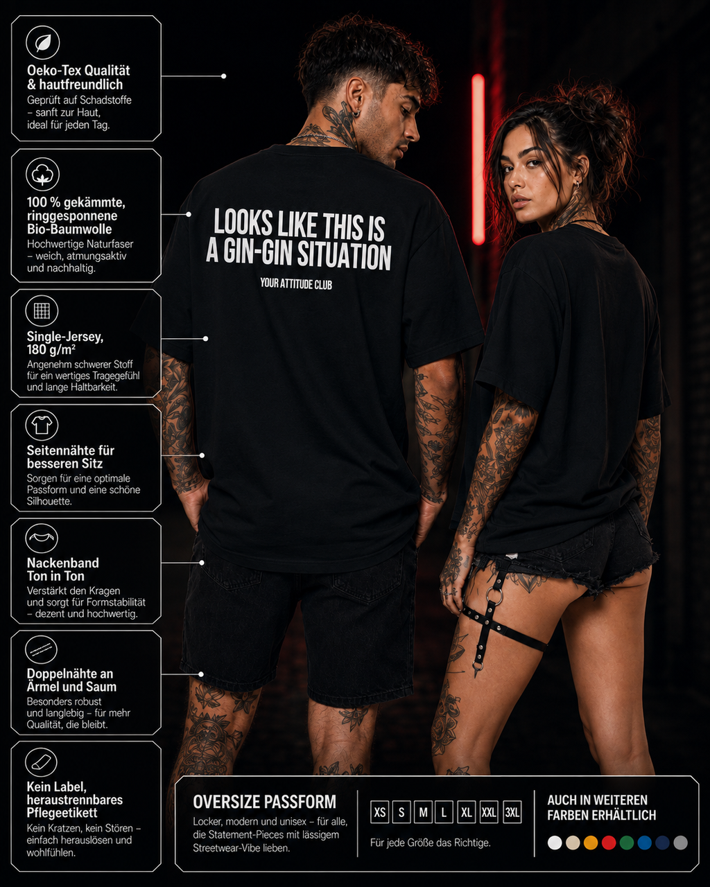 LOOKS LIKE THIS IS A GIN-GIN SITUATION – schwarzes Oversize Unisex Shirt, weißer Backprint, Gin Shirt, lustiges Spruchshirt, Party Geschenk