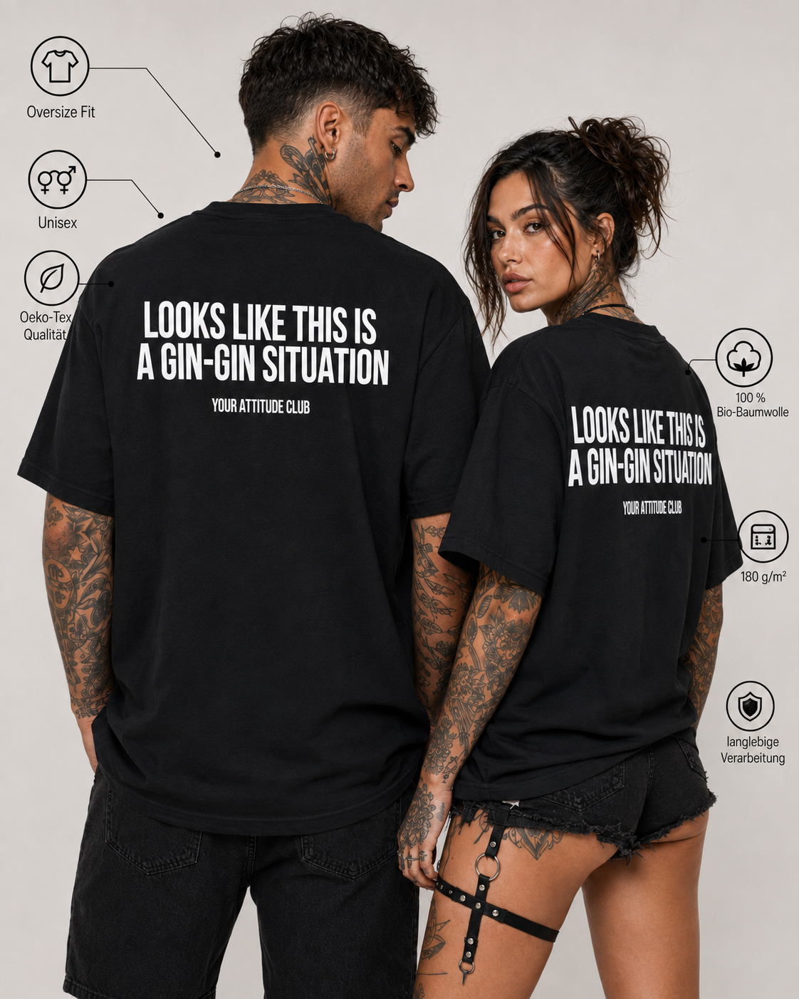 LOOKS LIKE THIS IS A GIN-GIN SITUATION – weißes Oversize Unisex Shirt, roter Backprint, Gin Shirt, lustiges Spruchshirt, Party Geschenk