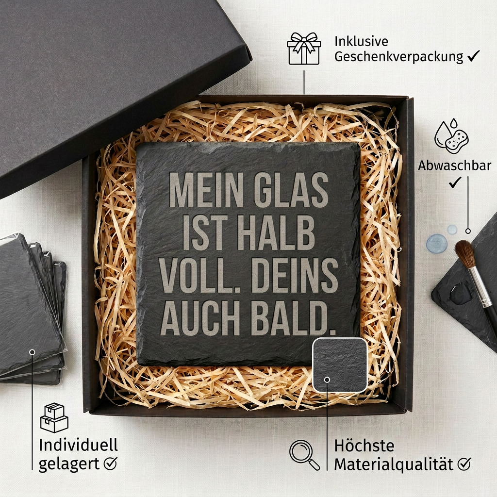 Mein Glas ist halb voll. Deins auch bald. – Schiefer Untersetzer 10x10 cm, lustiges Geschenk für Arbeitskollegen, Büro Geschenk, handgravierter Naturstein