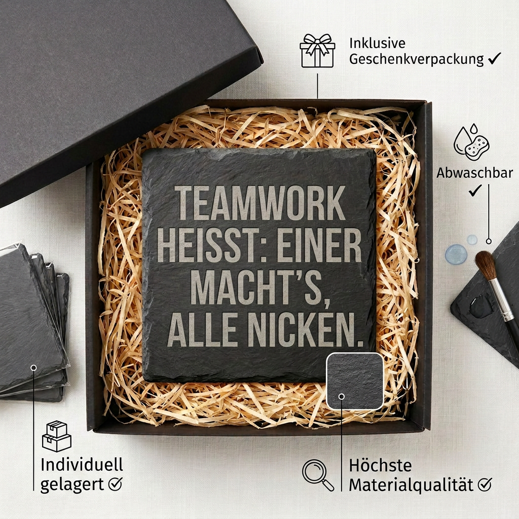 Teamwork heißt: Einer macht’s, alle nicken. – Schiefer Untersetzer 10x10 cm, lustiges Büro Geschenk, Geschenk für Arbeitskollegen, handgravierter Naturstein
