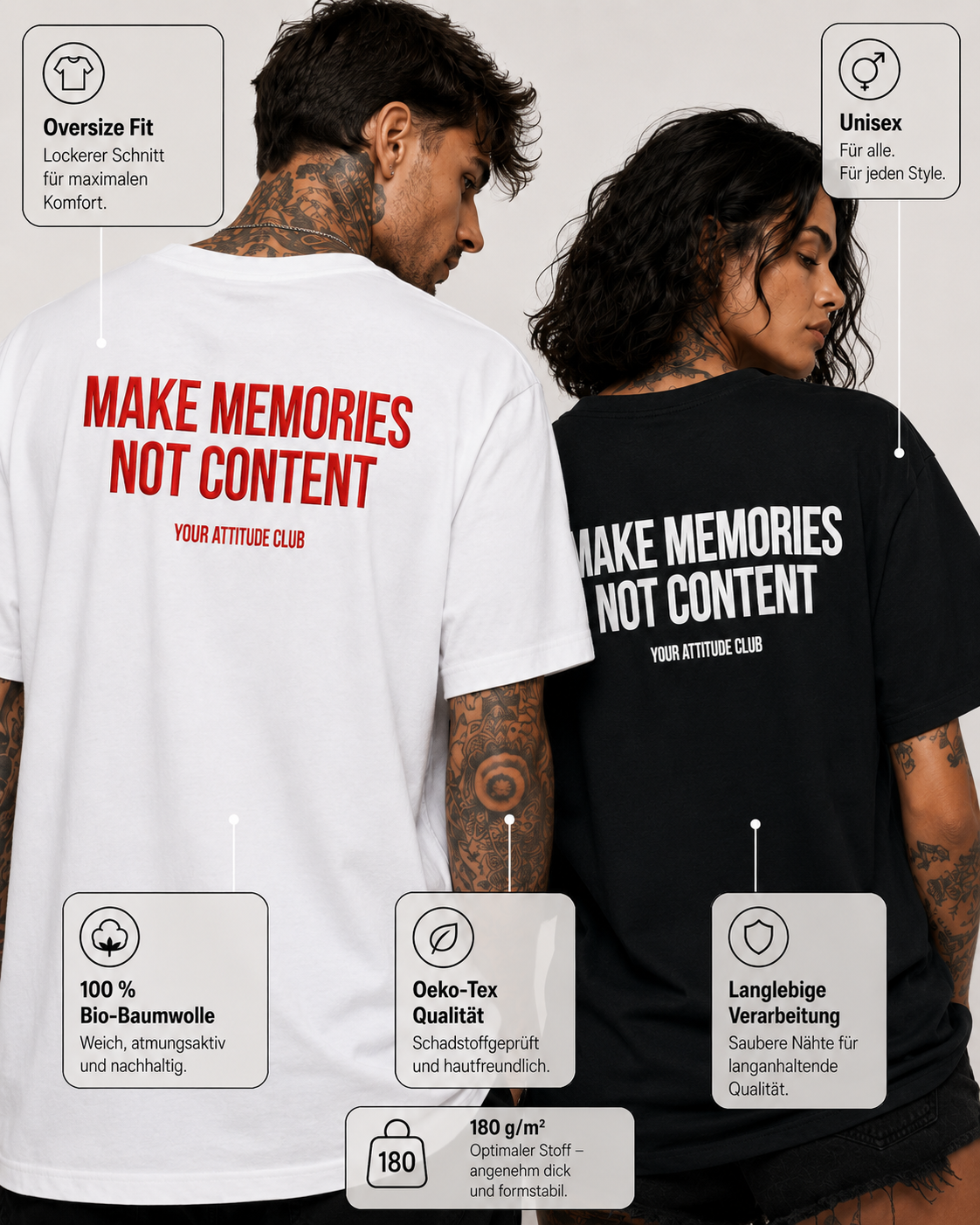 MAKE MEMORIES NOT CONTENT – weißes Oversize Unisex Shirt, roter Backprint, Statement Shirt, Social Media Spruch, Festival Shirt, Geschenk