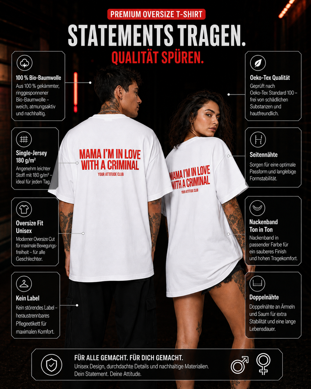 MAMA I’M IN LOVE WITH A CRIMINAL – schwarzes Oversize Unisex Shirt, weißer Backprint, Statement Shirt, Dating Humor, Red Flag Shirt, Geschenk