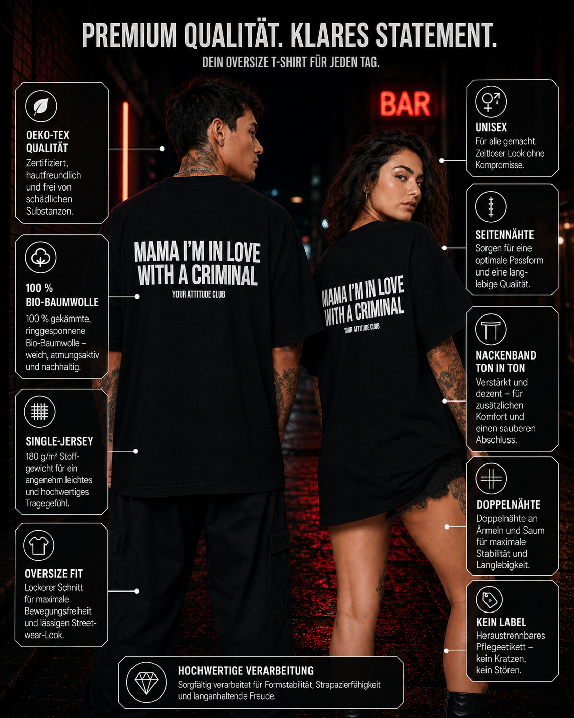 MAMA I’M IN LOVE WITH A CRIMINAL – schwarzes Oversize Unisex Shirt, weißer Backprint, Statement Shirt, Dating Humor, Red Flag Shirt, Geschenk