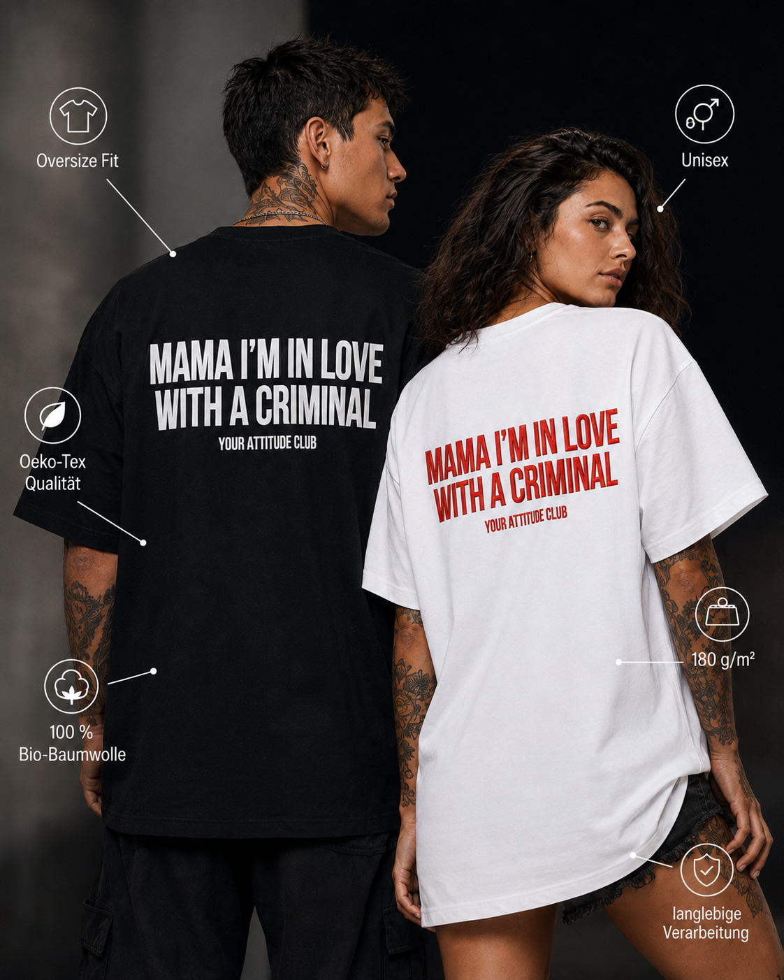 MAMA I’M IN LOVE WITH A CRIMINAL – schwarzes Oversize Unisex Shirt, weißer Backprint, Statement Shirt, Dating Humor, Red Flag Shirt, Geschenk