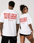 MEN CAN’T FIND THE CLIT BUT SOMEHOW FIND THE AUDACITY – Weißes Oversize Unisex Shirt, roter Backprint, freches Statement Shirt, Funny T-Shirt