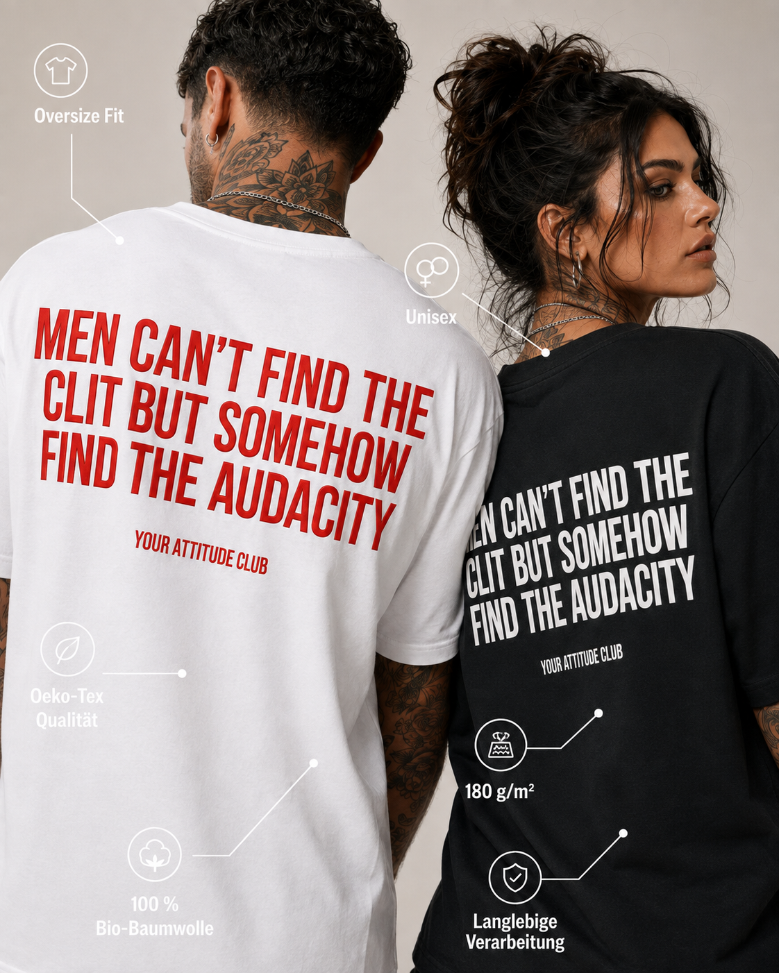 MEN CAN’T FIND THE CLIT BUT SOMEHOW FIND THE AUDACITY – Weißes Oversize Unisex Shirt, roter Backprint, freches Statement Shirt, Funny T-Shirt