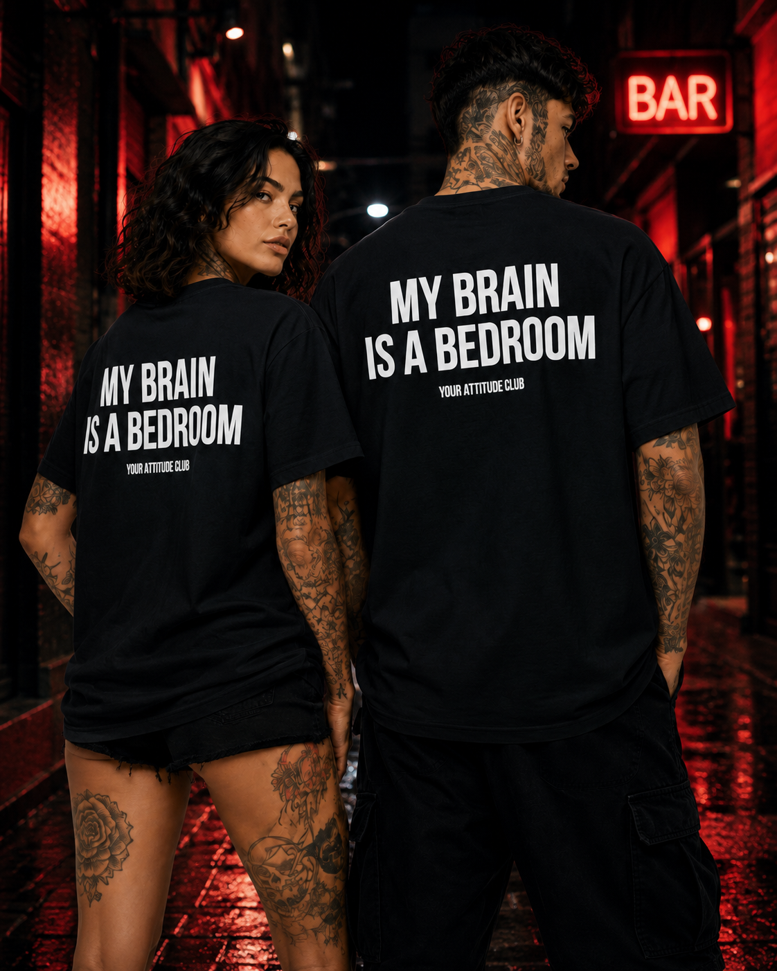 MY BRAIN IS A BEDROOM – Schwarzes Oversize Unisex Shirt mit weißem Backprint, lustiges Statement Shirt, Funny Tee, Sarkasmus, freches Geschenk