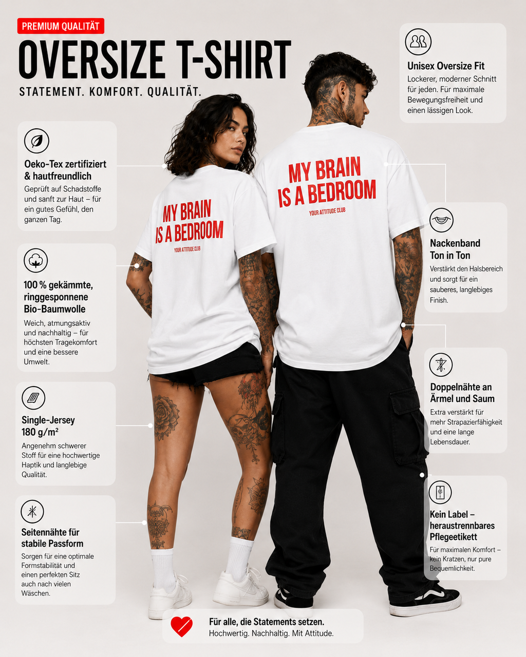 MY BRAIN IS A BEDROOM – Schwarzes Oversize Unisex Shirt mit weißem Backprint, lustiges Statement Shirt, Funny Tee, Sarkasmus, freches Geschenk