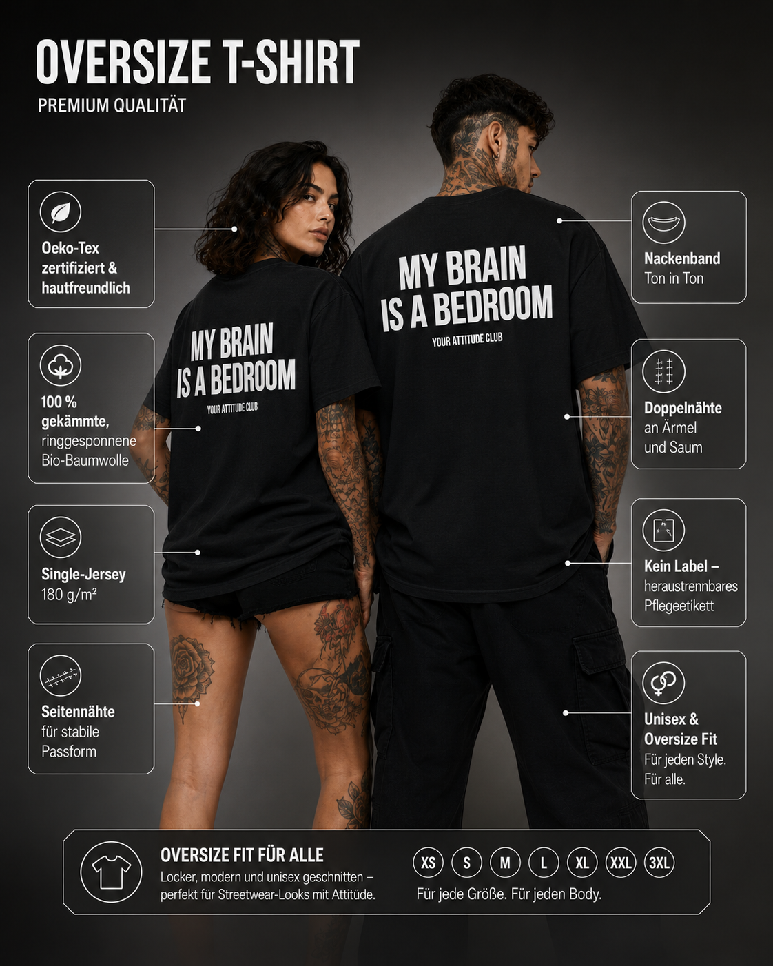 MY BRAIN IS A BEDROOM – Schwarzes Oversize Unisex Shirt mit weißem Backprint, lustiges Statement Shirt, Funny Tee, Sarkasmus, freches Geschenk