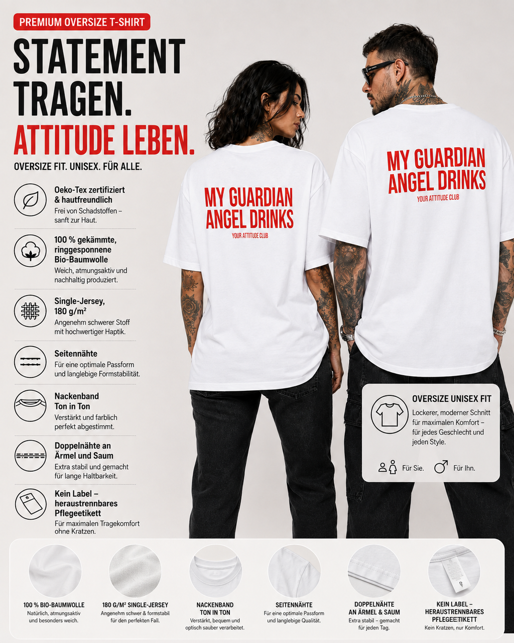MY GUARDIAN ANGEL DRINKS – Weißes Oversize Unisex Shirt mit rotem Backprint, lustiges Statement Shirt, Funny Tee, Party Shirt, freches Geschenk