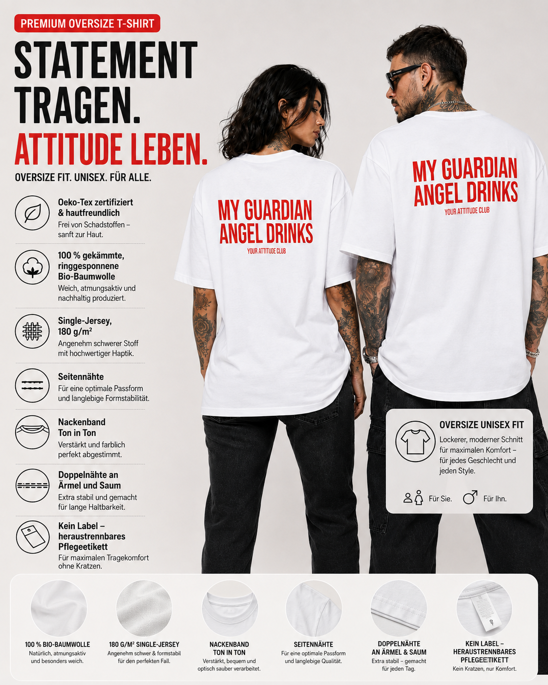 MY GUARDIAN ANGEL DRINKS – Weißes Oversize Unisex Shirt mit rotem Backprint, lustiges Statement Shirt, Funny Tee, Party Shirt, freches Geschenk