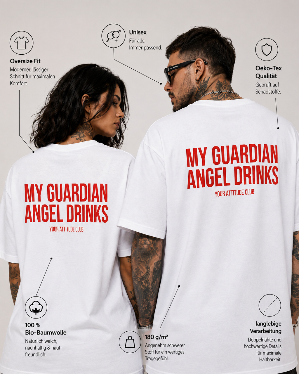 MY GUARDIAN ANGEL DRINKS – Weißes Oversize Unisex Shirt mit rotem Backprint, lustiges Statement Shirt, Funny Tee, Party Shirt, freches Geschenk