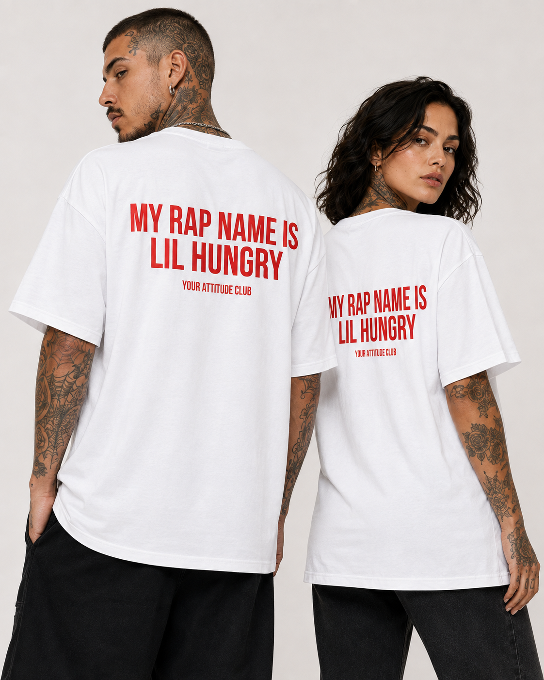 MY RAP NAME IS LIL HUNGRY – Schwarzes Oversize Unisex Shirt mit weißem Backprint, lustiges Foodie Shirt, Funny Statement Tee, Geschenk