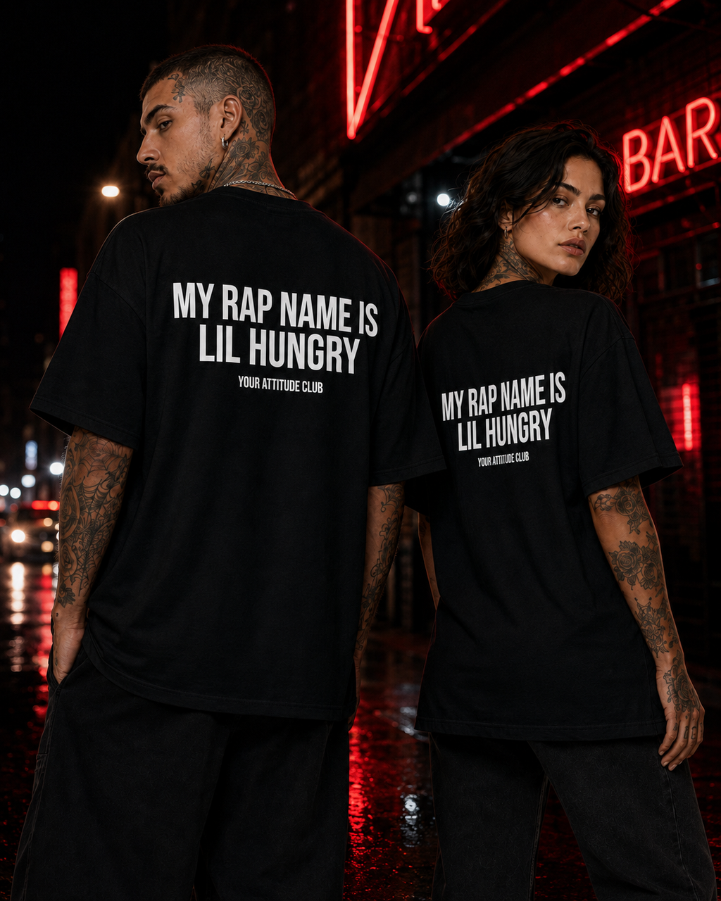 MY RAP NAME IS LIL HUNGRY – Schwarzes Oversize Unisex Shirt mit weißem Backprint, lustiges Foodie Shirt, Funny Statement Tee, Geschenk