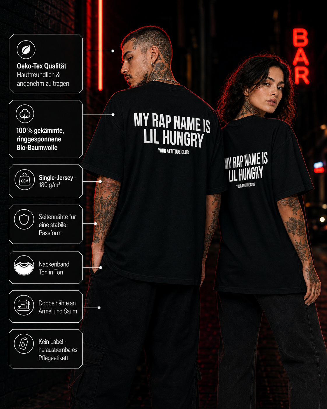 MY RAP NAME IS LIL HUNGRY – Weißes Oversize Unisex Shirt mit rotem Backprint, lustiges Statement Shirt, Foodie Shirt, Funny Tee, Geschenk