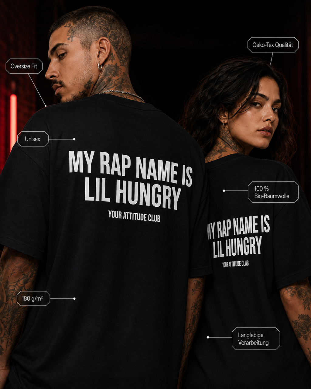 MY RAP NAME IS LIL HUNGRY – Weißes Oversize Unisex Shirt mit rotem Backprint, lustiges Statement Shirt, Foodie Shirt, Funny Tee, Geschenk
