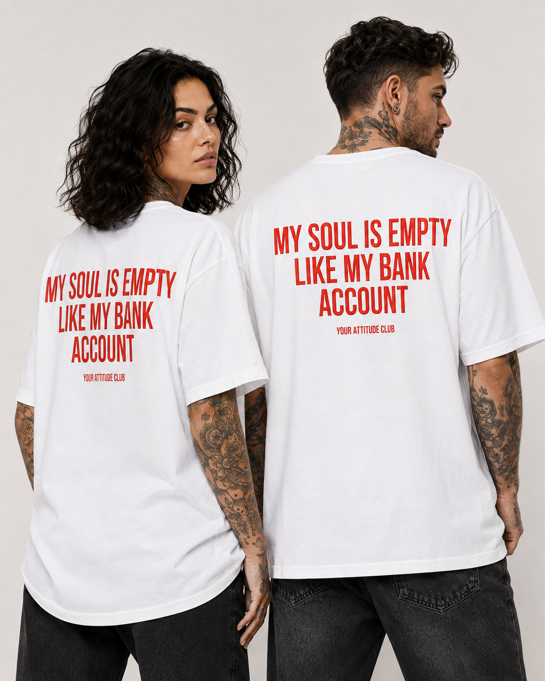 MY SOUL IS EMPTY LIKE MY BANK ACCOUNT – Schwarzes Oversize Unisex Shirt mit weißem Backprint, lustiges Statement Shirt, Funny Tee, schwarzer Humor